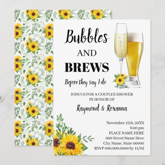 Invitation Sunflowers Bubble & Brews Couples Douche (Devant / Derrière)