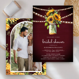Invitation Sunflowers Burgundy Mason Jar Fête des mariées pho