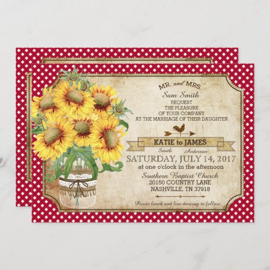 Invitation Sunflowers En vichy Check Country Pique-nique Mari (Devant / Derrière)