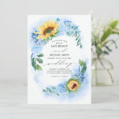 Invitation Sunflowers et Dusty Blue Hydrangea Floral Mariage (Debout devant)