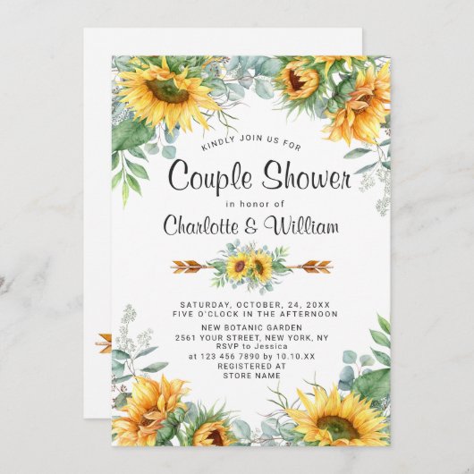 Invitation Sunflowers Eucalyptus Aquarelle Couple Douche (Devant / Derrière)