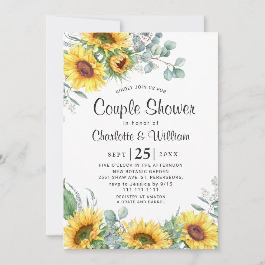 Invitation Sunflowers Eucalyptus Aquarelle Couple Douche (Devant)