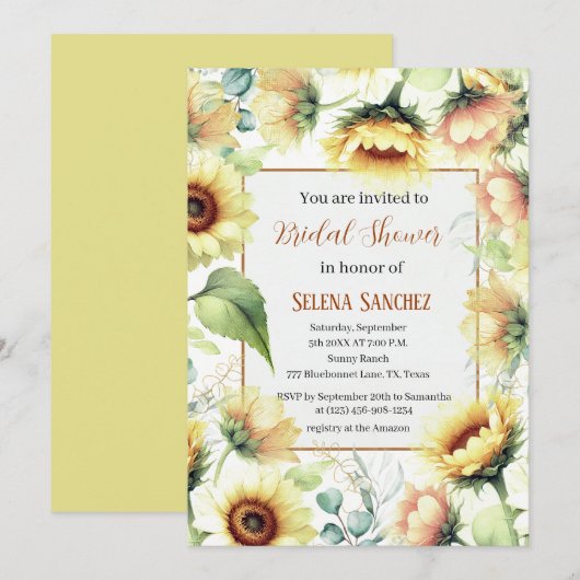 Invitation Sunflowers Eucalyptus Floral Bride Fête des mariée (Devant / Derrière)