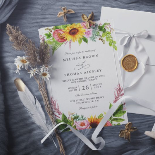 Invitation Sunflowers Floral Pink Rustic Chic QR Code Wedding