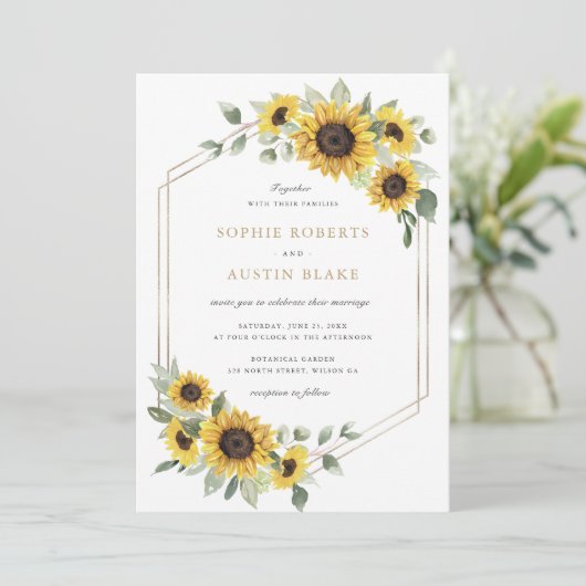Invitation Sunflowers Greenery Gold Mariage géométrique (Debout devant)