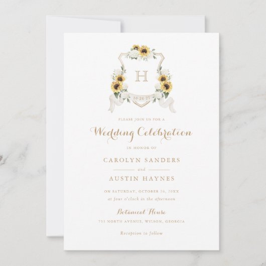 Invitation Sunflowers Hydrangea Crest Monogramme Mariage (Devant)