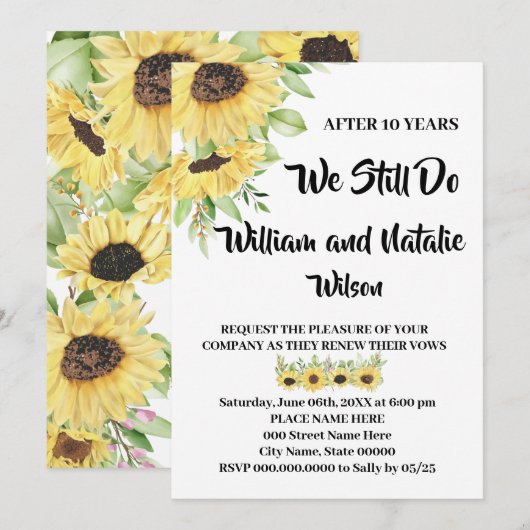 Invitation Sunflowers Mariage Anniversaire Renouvellement Vow (Devant / Derrière)
