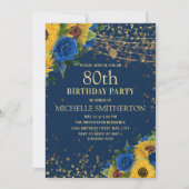Invitation Sunflowers Marine Blue Gold String Lumières 80e (Devant)