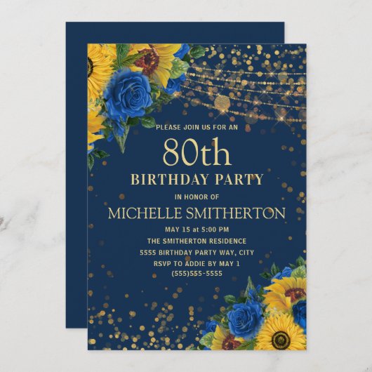 Invitation Sunflowers Marine Blue Gold String Lumières 80e (Devant / Derrière)