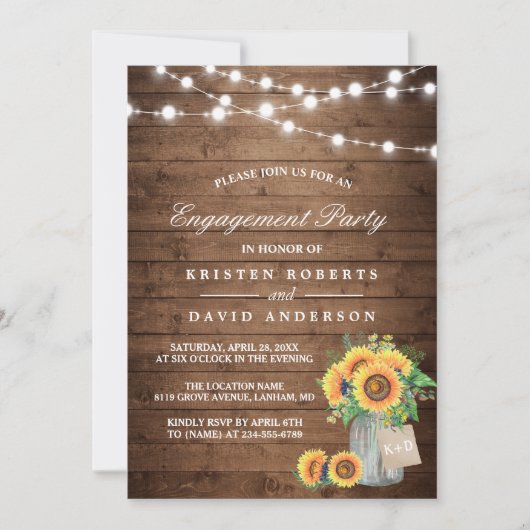 Invitation Sunflowers Mason Jar Rustic Wood Engagement Party (Devant)