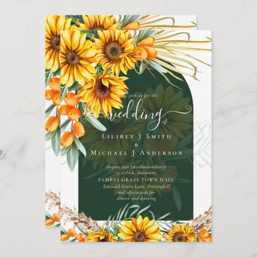 Invitation Sunflowers Pampas Grass Emerald Green BOHO Mariage (Devant / Derrière)