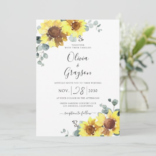 Invitation Sunflowers QR Code RSVP tout en un Mariage (Debout devant)