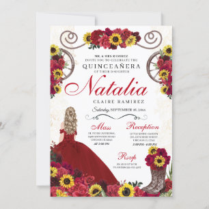 Invitation Sunflowers Red Roses Cowgirl Western Quinceanera