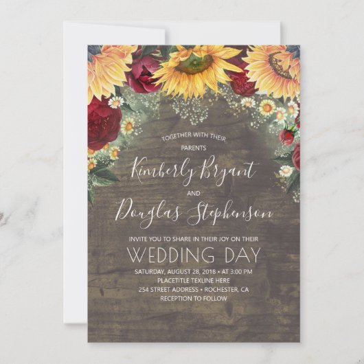 Invitation Sunflowers Red Roses Daisies Mariage rustique (Devant)