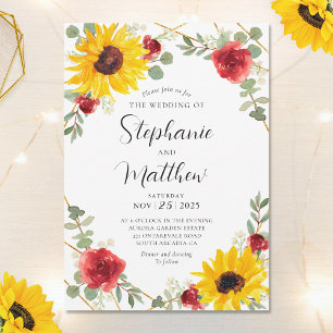 Invitation Sunflowers Red Roses Mariage botanique géométrique
