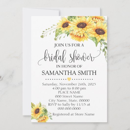 Invitation Sunflowers romantique boho chic douche nuptiale (Devant)