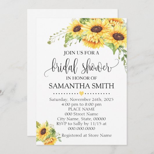 Invitation Sunflowers romantique boho chic douche nuptiale (Devant / Derrière)