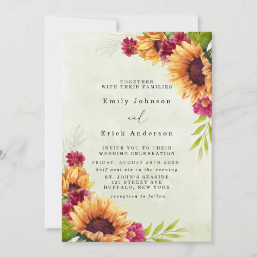 Invitation Sunflowers rose rose Mariage rustique (Devant)