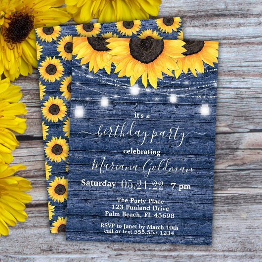 Invitation Sunflowers String Lights Blue Anniversaire Party