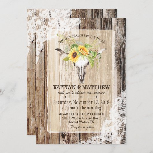 Invitation Sunflowers Vache Crâne Grange Bois Rustique Mariag (Devant / Derrière)
