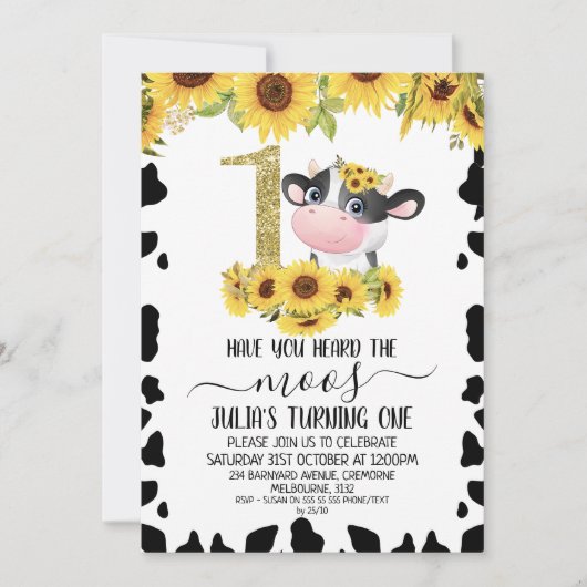 Invitation Sunflowers Vache Imprimer Parties scintillant d'or (Devant)