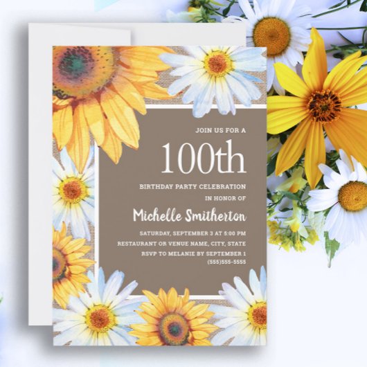 Invitation Sunflowers White Daisies Burlap 100e anniversaire