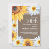 Invitation Sunflowers White Daisies Burlap 100e anniversaire (Devant)