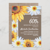 Invitation Sunflowers White Daisies Burlap 60e anniversaire (Devant / Derrière)