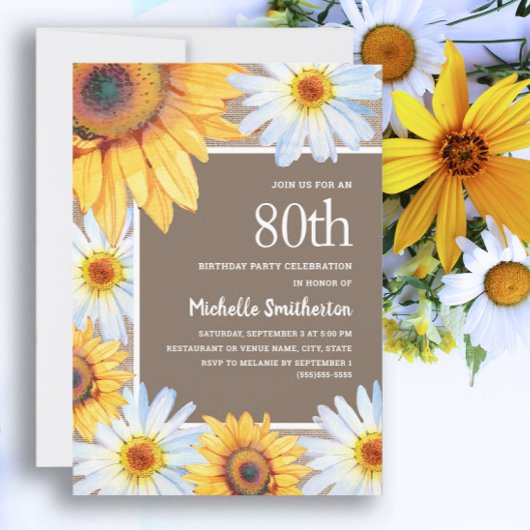 Invitation Sunflowers White Daisies Burlap 80e anniversaire