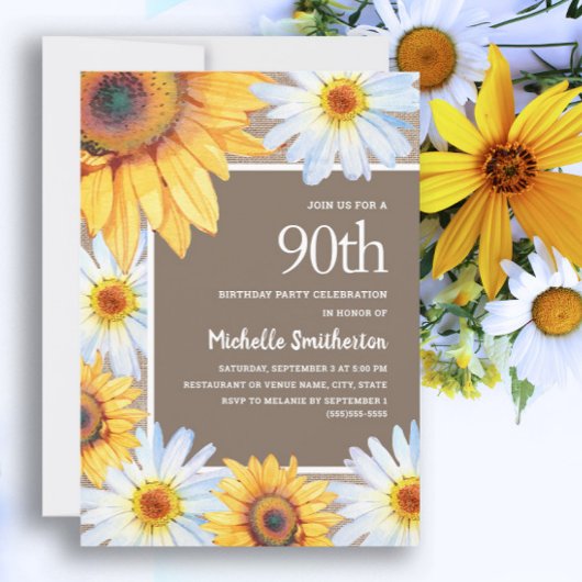Invitation Sunflowers White Daisies Burlap 90e anniversaire