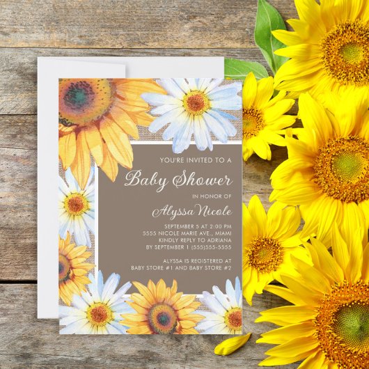 Invitation Sunflowers White Daisies Burlap Baby shower