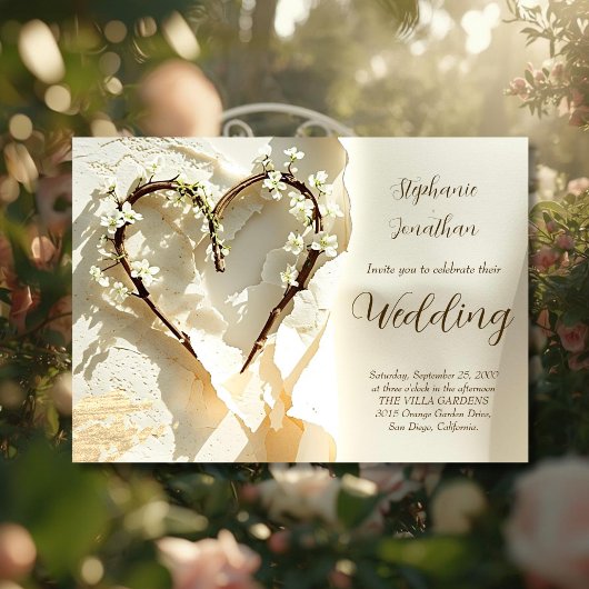 Invitation Sunlit Garden Branch Heart on Warm Cotton Wedding