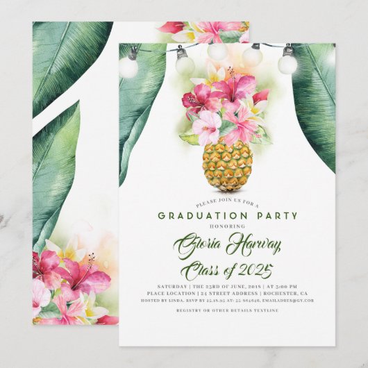 Invitation Sunny Ananas Floral Vase Beach Graduation Party (Devant / Derrière)