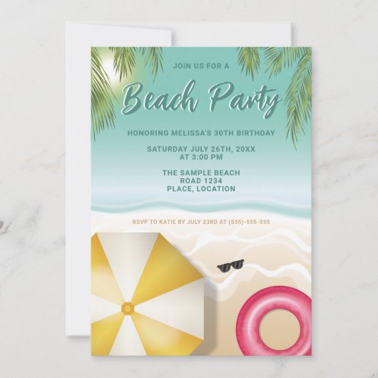 Invitation Sunny Tropical Beach Palm Leaves Teal Birthday (Devant)