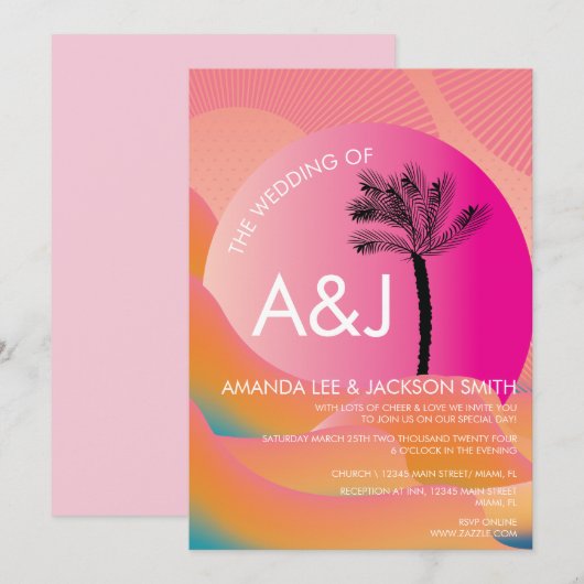 Invitation Sunrise Tropicale Gras Rose Orange Blanc Mariage (Devant / Derrière)