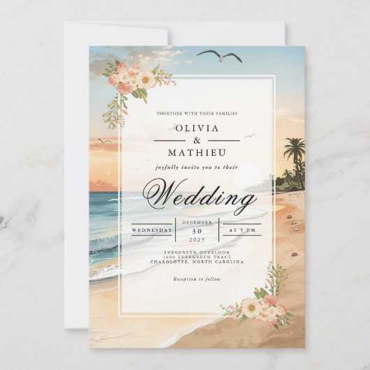 Invitation Sunset Beach Bloom Romance Mariage (Devant)