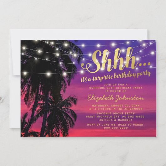 Invitation Sunset Beach Glam Surprise fête d'anniversaire (Devant)