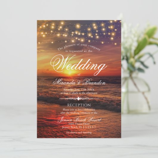 Invitation Sunset Beach Lights Mariage d'été et réception (Debout devant)