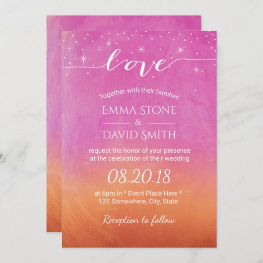 Invitation Sunset Beach Mariage Script Aimer Aquarelle (Devant / Derrière)