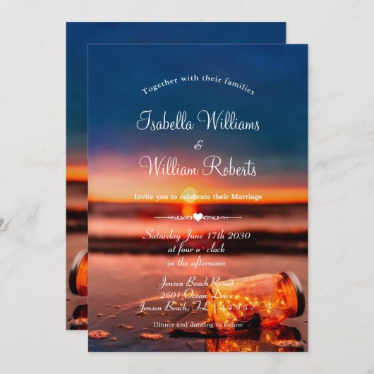 Invitation Sunset Beach Mason Jar Blue Night Mariage (Devant / Derrière)