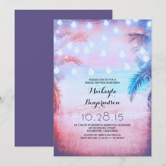 Invitation Sunset Beach & String Lights Fête des mariées (Devant / Derrière)