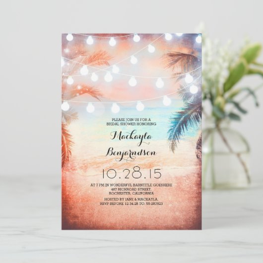 Invitation Sunset Beach & String Lights Fête des mariées (Debout devant)