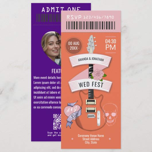 Invitation Sunset Festival Rock ’n’ Roll Wedding Ticket (Devant / Derrière)