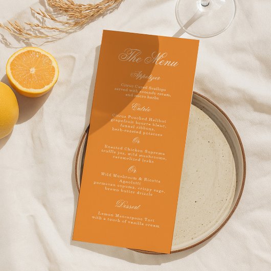 Invitation Sunset Glow Orange Script Wedding Menu Card
