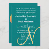 Invitation Sunset Heart Turquoise Green Gold Monogramme (Devant / Derrière)