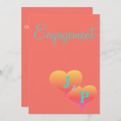 Invitation Sunset Hearts Coral Turquoise Monogramme Fiançaill (Devant / Derrière)