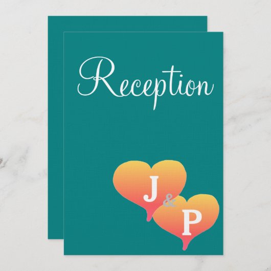 Invitation Sunset Hearts Turquoise Green Gold Monogramme (Devant / Derrière)