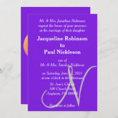 Invitation Sunset Hearts Violet Argent Monogramme Mariage (Devant / Derrière)