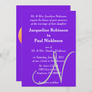 Invitation Sunset Hearts Violet Argent Monogramme Mariage