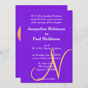 Invitation Sunset Hearts Violet Golden Monogram Mariage